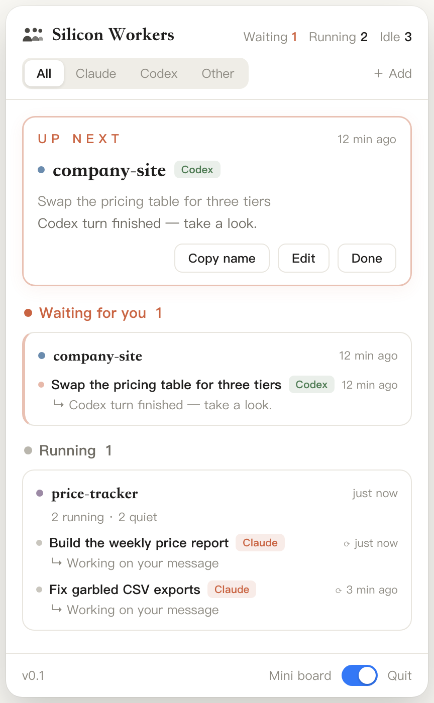 Silicon Workers panel: the focus card shows a Codex session waiting for review, below it sections for Waiting for you and Running Claude Code sessions